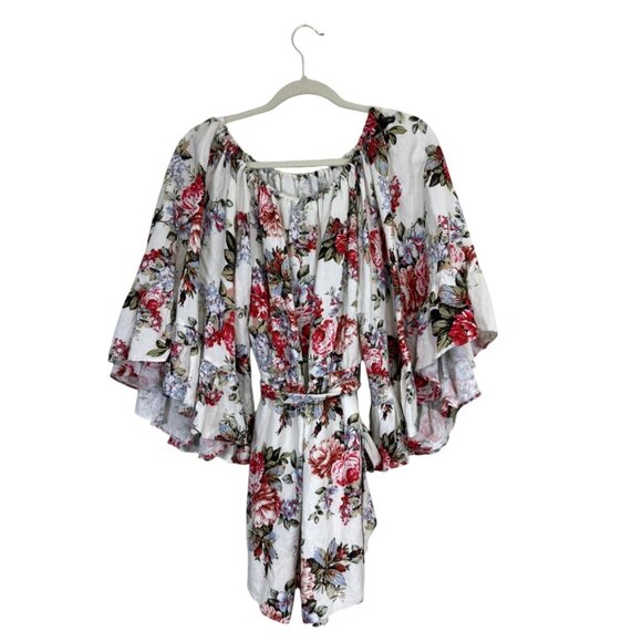 Revolve LPA Floral Belted Romper Bell Sleeves Cottagecore Linen Blend Size M - Picture 2 of 8